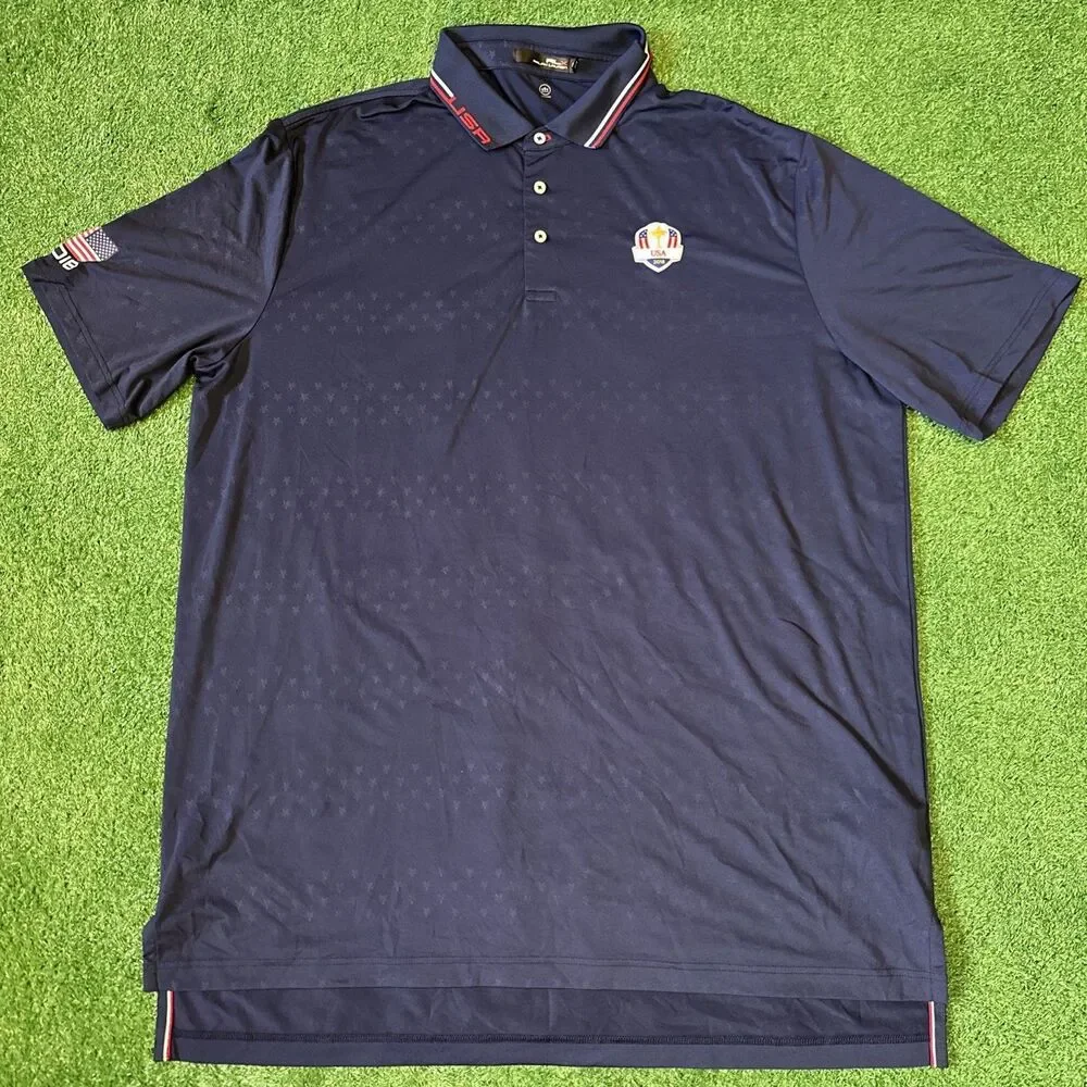 RLX Ralph Lauren Athletic Polo Shirt Mens 2XL Blue USA Open 2018 Patch Flag Logo